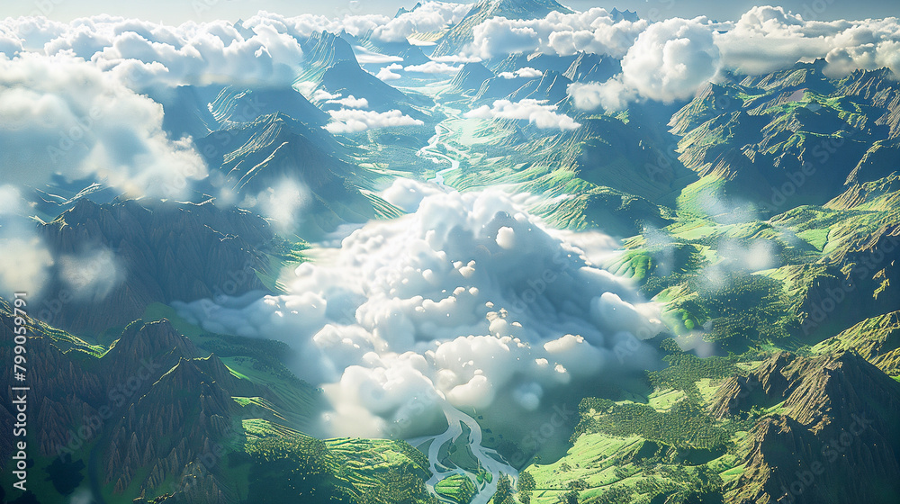 green mountains and rivers, with blue sky above it. The clouds form an o-shaped.