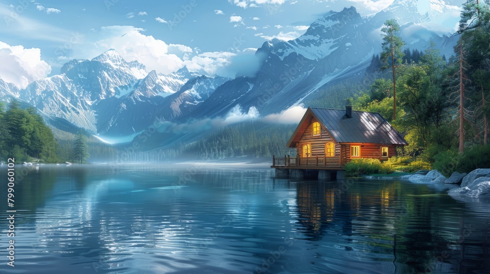 Create a minute realism illustration of a tranquil lakeside cabin , ultra HD Create a minute realism illustration of a tranquil lakeside cabin , ultra HD