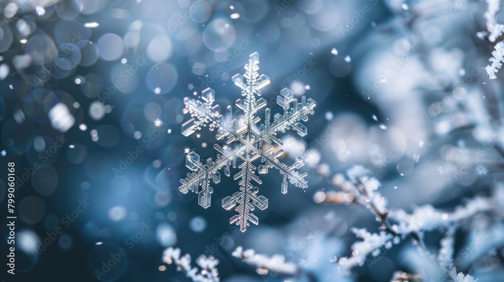 Close up of snowflake on blurred winter background. Seasonal Christmas banner with snow and free place for text Close up of snowflake on blurred winter background. Seasonal Christmas banner with snow and free place for text