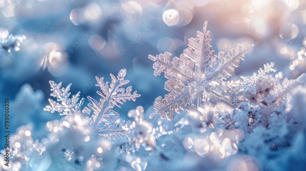Close up of snowflake on blurred winter background. Seasonal Christmas banner with snow and free place for text Close up of snowflake on blurred winter background. Seasonal Christmas banner with snow and free place for text