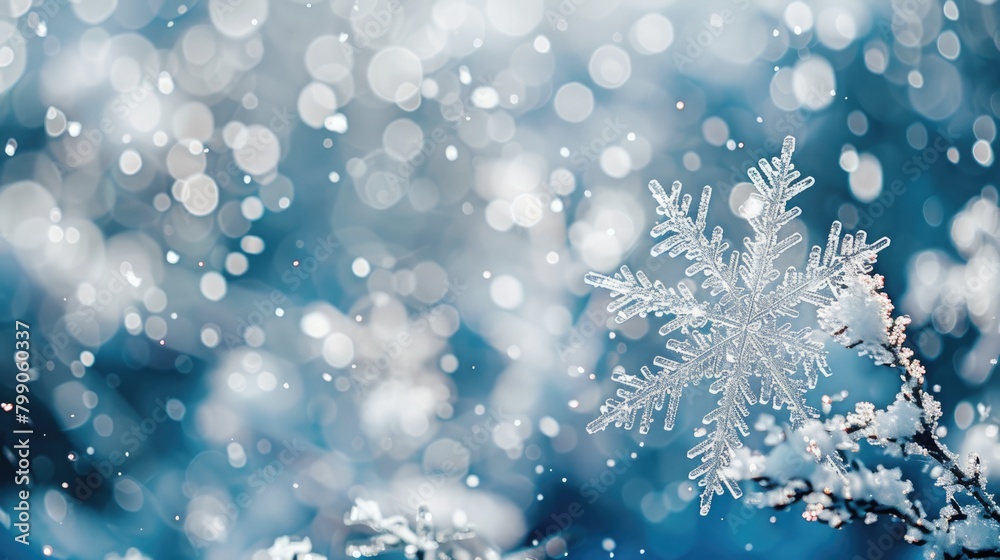 Close up of snowflake on blurred winter background. Seasonal Christmas banner with snow and free place for text Close up of snowflake on blurred winter background. Seasonal Christmas banner with snow and free place for text