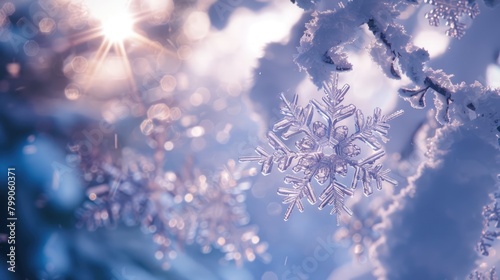 Close up of snowflake on blurred winter background. Seasonal Christmas banner with snow and free place for text