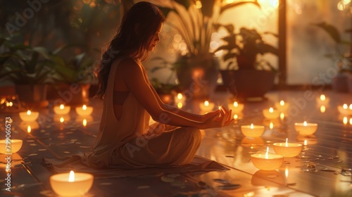 Tranquil Woman Meditating Amidst Candlelight and Greenery