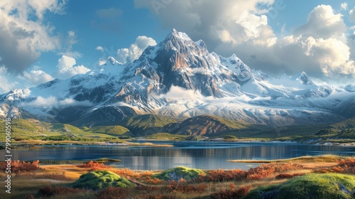 Produce a highresolution illustration of a majestic mountain range , photographic style