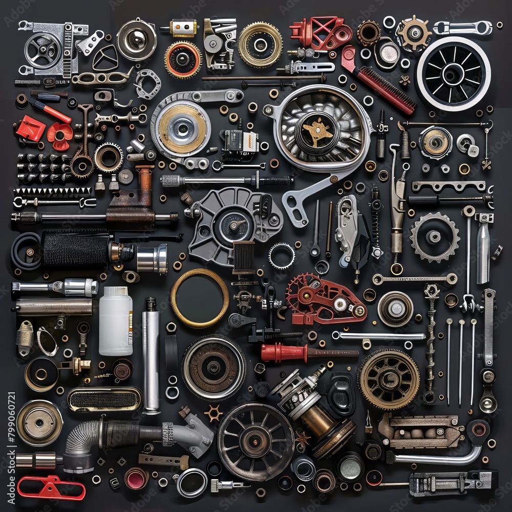 An artistic rendering of a variety of mechanical parts