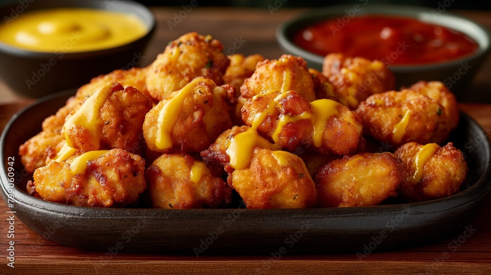 Close-up view of succulent golden-brown chicken tenders on a tray, served with creamy mustard and tangy tomato sauces on the side Close-up view of succulent golden-brown chicken tenders on a tray, served with creamy mustard and tangy tomato sauces on the side
