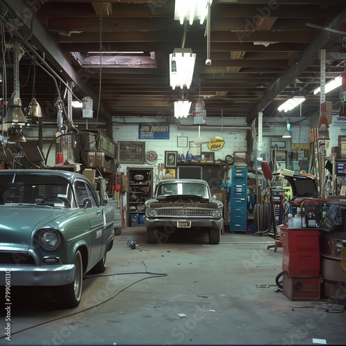 The photo shows a retro car parked in a garage