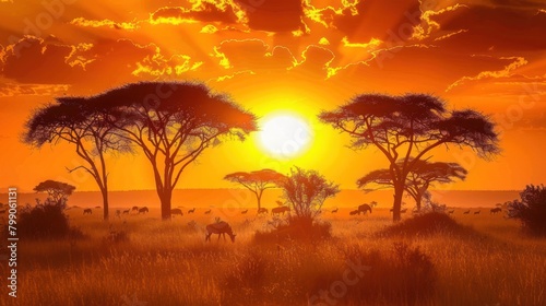 A savannah scene with acacia trees and a setting sun 