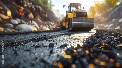 Road Construction Crew at Work with Heavy Machinery and Fresh Asphalt photo