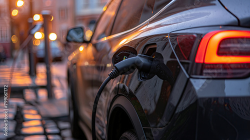 Electric car plugged in for charging at a station during twilight. Sustainable transportation and eco-friendly energy concept. © GenerAte Ideas