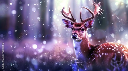 A magical deer stands in a snowy forest.