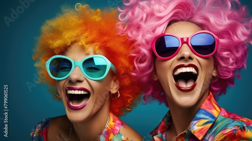 Vibrant, Joyful Women with Colorful Wigs and Sunglasses on Blue Background