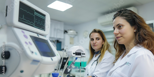 Two female medical professionals in lab coats examining medical equipment in a hospital setting. Healthcare technology and teamwork concept.