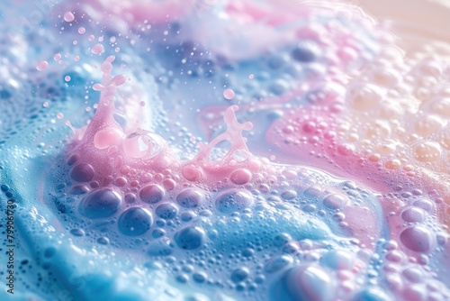 Close-up of shiny pink soap bubbles against a bright blue background with light reflections.