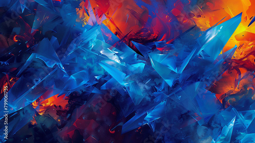 Angular shapes in shades of cobalt and cerulean blue intersect with fiery bursts of tangerine and crimson red  creating a dynamic and captivating abstract expression.