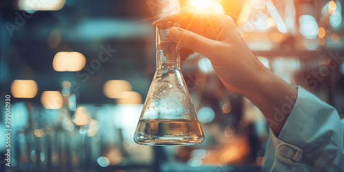 Scientist holding a conical flask with a bright light inside a laboratory. Research and scientific innovation concept. photo