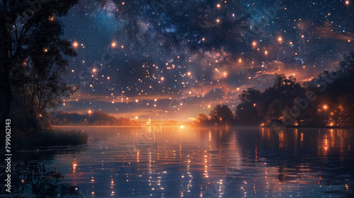 enchanting night sky over tranquil lake with glowing lights and serene nature
