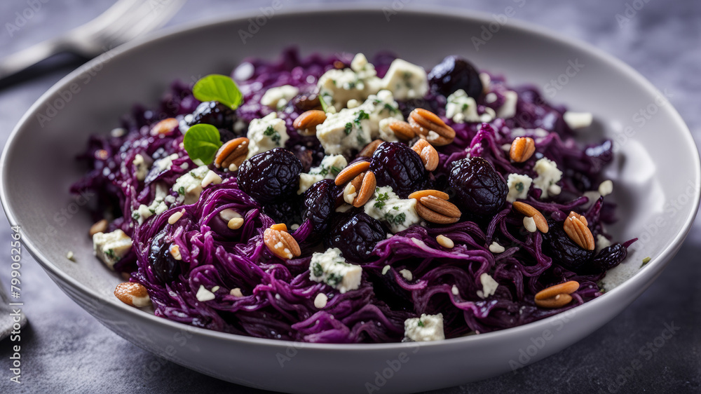Red cabbage salad with citrus fruits, blue cheese, nuts and California prunes. Red cabbage salad with citrus fruits, blue cheese, nuts and California prunes.