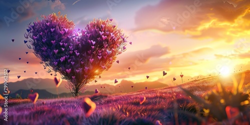 Arbre en forme de cœur avec des fleurs violettes et roses au coucher du soleil, atmosphère romantique et fantaisiste. photo