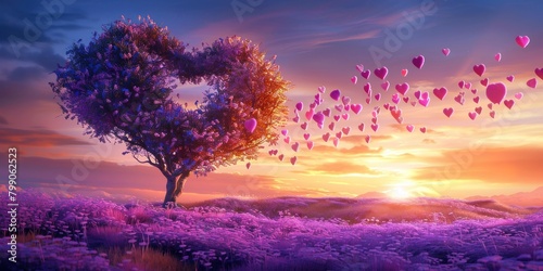 Arbre en forme de c  ur avec des fleurs violettes et roses au coucher du soleil  atmosph  re romantique et fantaisiste.