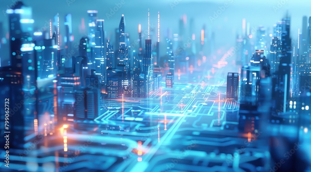 Arrière-plan numérique abstrait d'une ville futuriste avec des lignes lumineuses, concept de paysage urbain et de connexion de données.