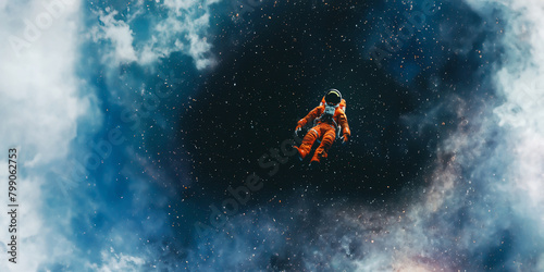 Astronaute en combinaison orange flottant dans l'espace, image avec espace pour texte.