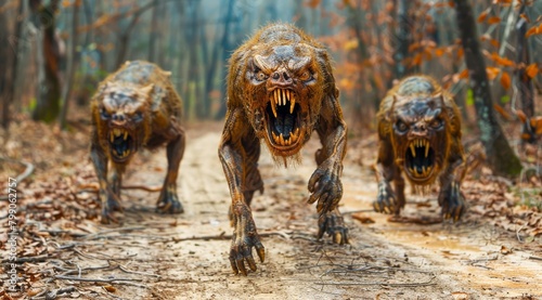 A pack of vicious mutant dogs with glowing red eyes and razor sharp teeth are running towards the camera in a menacing manner.