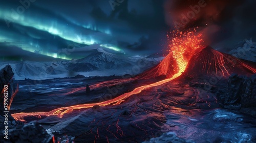 Volcan en éruption, torrent de lave, ciel noir avec aurore boréale, lumières polaires. photo