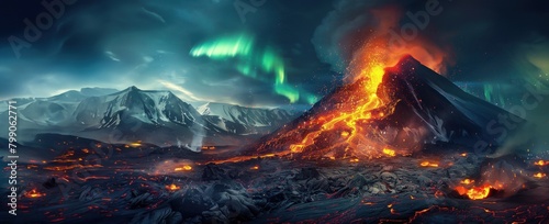 Volcan en éruption, torrent de lave, ciel noir avec aurore boréale, lumières polaires. photo