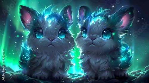 A pair of cute cartoon rabbits with glowing blue fur and big blue eyes sit in front of a blue and green aurora. photo