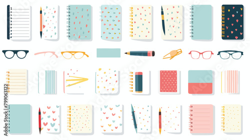 Notebooks open paper planners and pens. Notepads wi