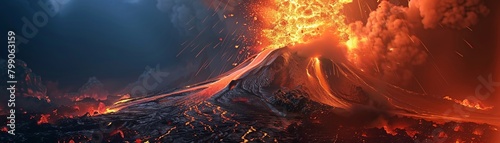 A dramatic 3D illustration of a volcanic eruption spewing lava and ash, showcasing the power and aweinspiring nature of geological events related to science, nature  ,3D style photo