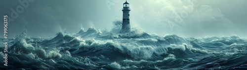 A dramatic 3D illustration of a storm at sea with crashing waves and a towering lighthouse guiding the way related to nature, adventure  ,minimalist photo