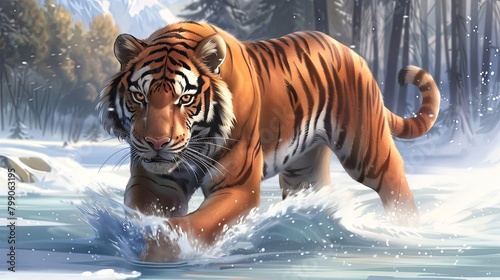A tiger walking through the snow