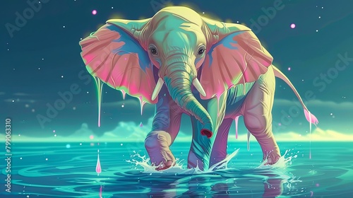 An elephant with bright neon colors standing in the ocean with a starry night sky. photo