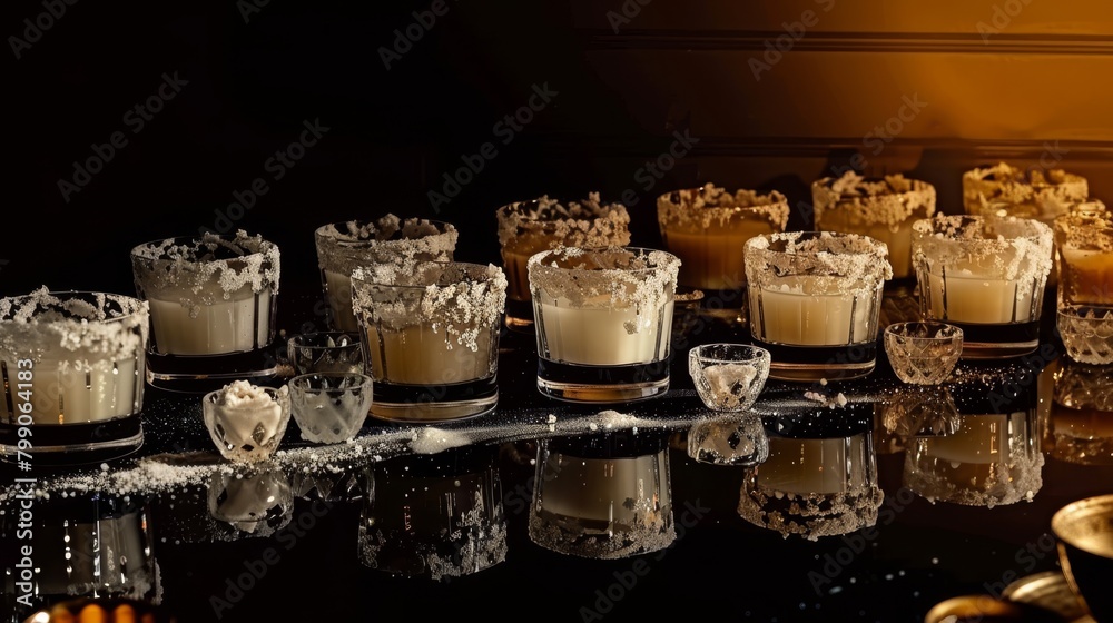   A black-topped table laden with multiple glasses holding liquids and marshmallows atop them