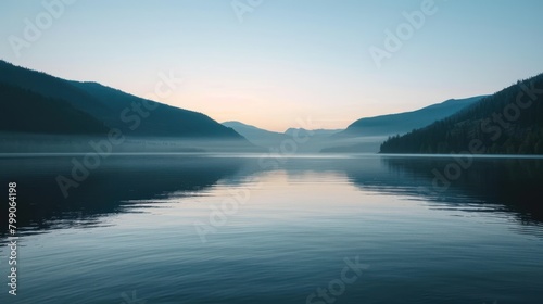 A serene lake surrounded by mountains during a tranquil sunrise