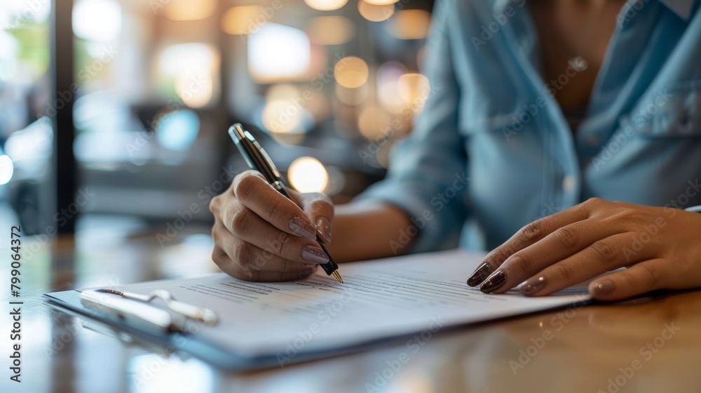 Professional completing paperwork with a luxury car in the background at a dealership Professional completing paperwork with a luxury car in the background at a dealership