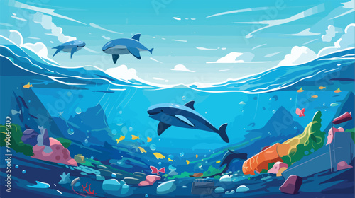 Ocean with aquatic animals and plastic garbage floa photo