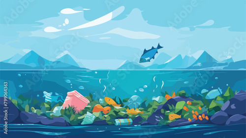 Ocean with aquatic animals and plastic garbage floa photo