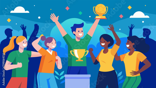 The atmosphere is lively and energetic with players cheering and highfiving each other after successfully answering a question.. Vector illustration
