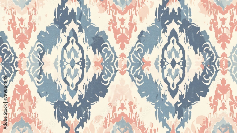 Fototapeta premium An ethnic Ikat tropical seamless pattern in pastel tones, featuring abstract traditional folk graphics for an elegant and luxurious textile background.