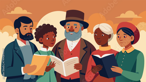 Historical reenactors portray scenes of AfricanAmericans reading and discussing the Emancipation Proclamation highlighting the importance of education. Vector illustration photo