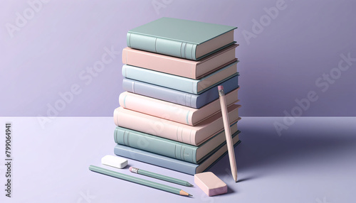 A stack of pastel-colored books leaning against each other  accompanied by a similarly styled pencil and eraser.