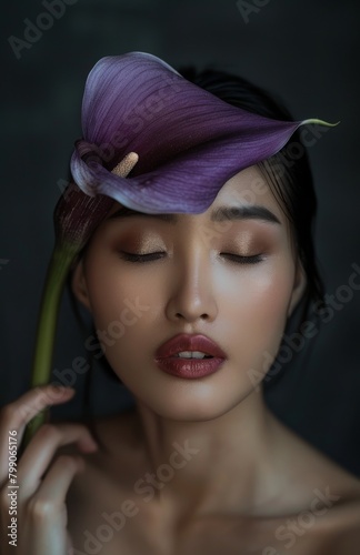 Close-up portrait of a serene woman with a purple calla lily flower gently touching her face