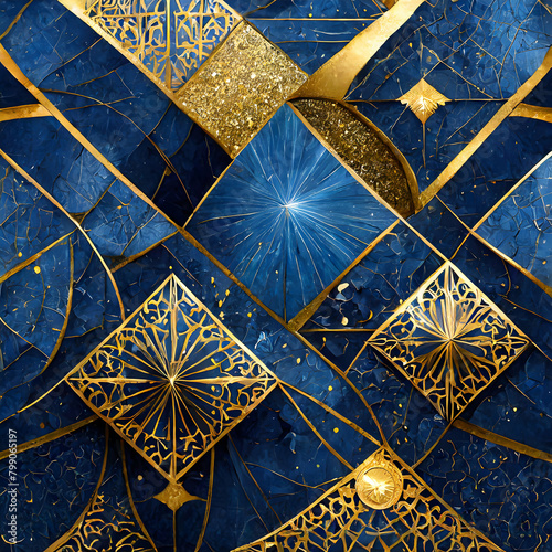 blue and gold.intricate layers of blue geometric shapes embellished with golden accents, set against a dark blue backdrop to create a mesmerizing abstract composition. The artwork should evoke a sense photo