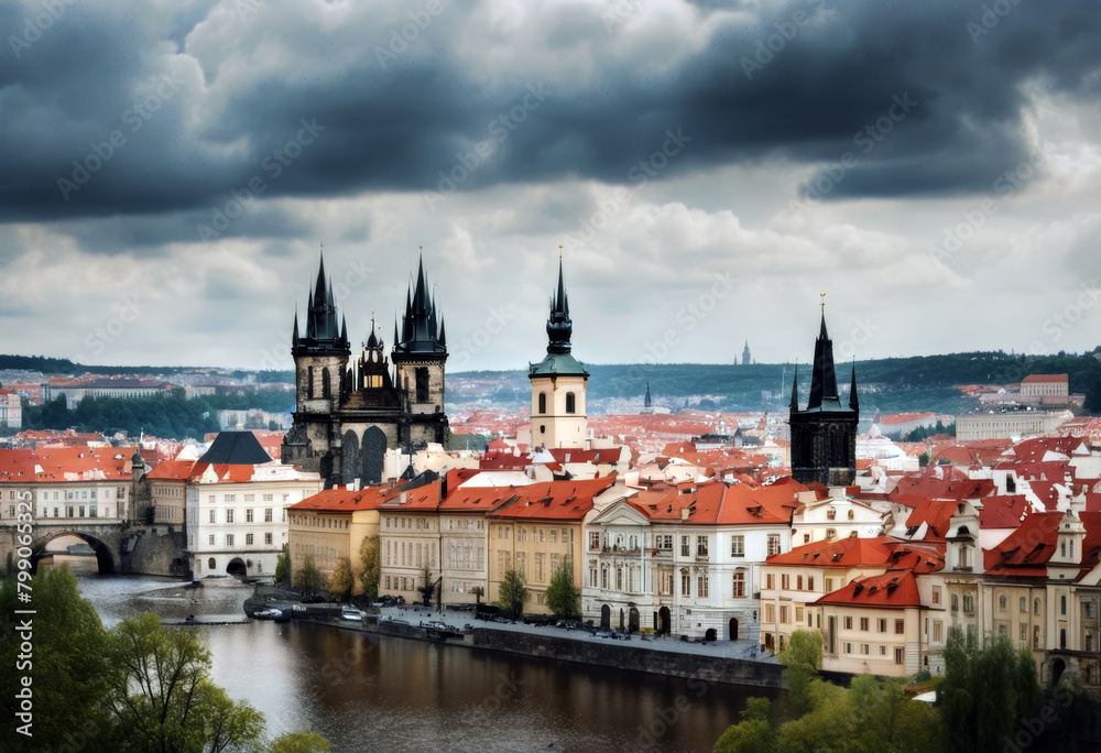 cloudy Panorama Prague sky city Summer Travel House Landscape Building Cloud Architecture Old Europe Castle Skyline Urban River Cityscape Tourism Cathedral Capital Roof Bohemia