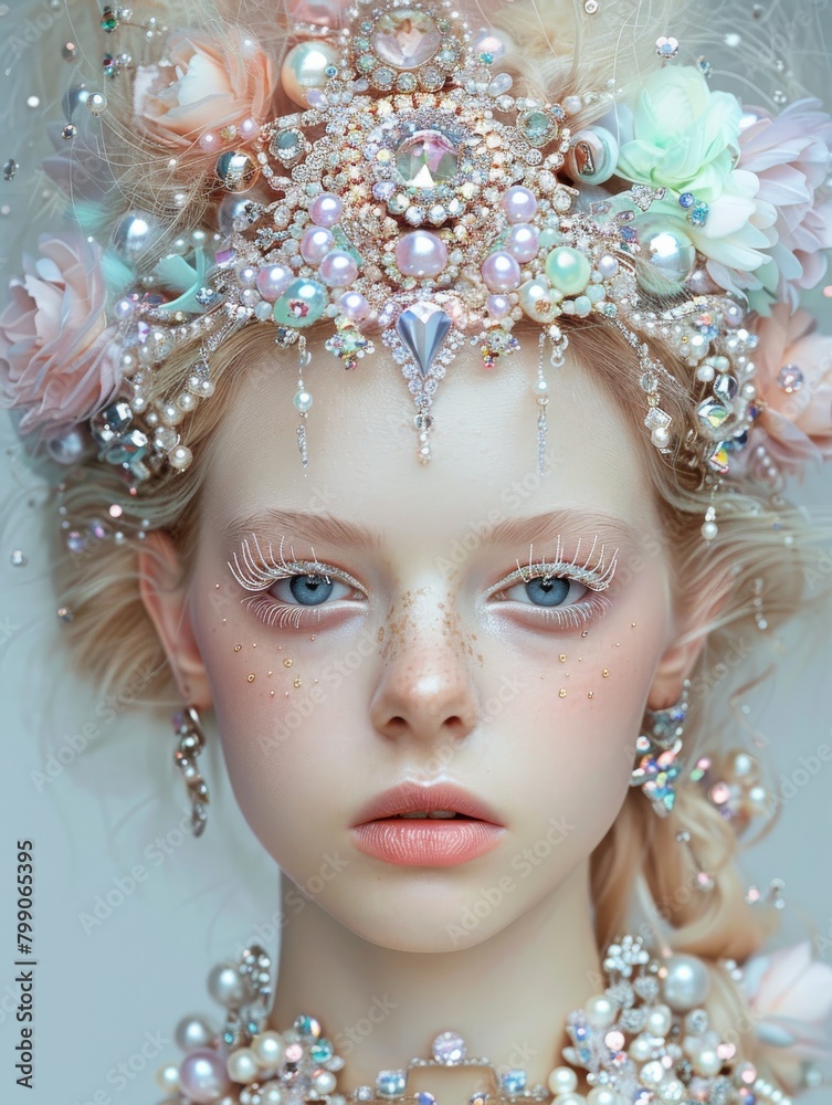 A mesmerizing fantasy portrait of a model adorned with flowers, gems, and pearls A mesmerizing fantasy portrait of a model adorned with flowers, gems, and pearls