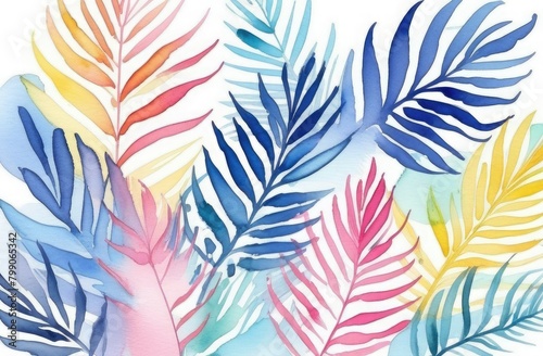 trendy summer floral pattern background, watercolor illustration, artistic wallpaper in colorful pastel colors, palm leaves. Summer colors of botanical tropical leaves, sunlight and shadows. photo