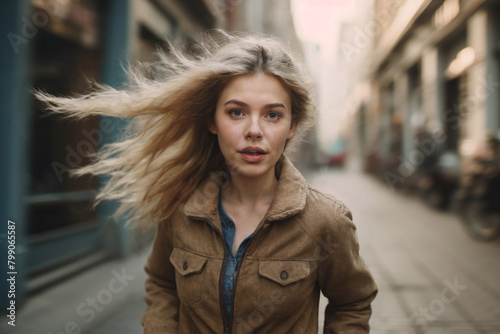 young woman runs away, in delay or fear in her eyes, along a street, fictional place and reason. Generative AI © wetzkaz